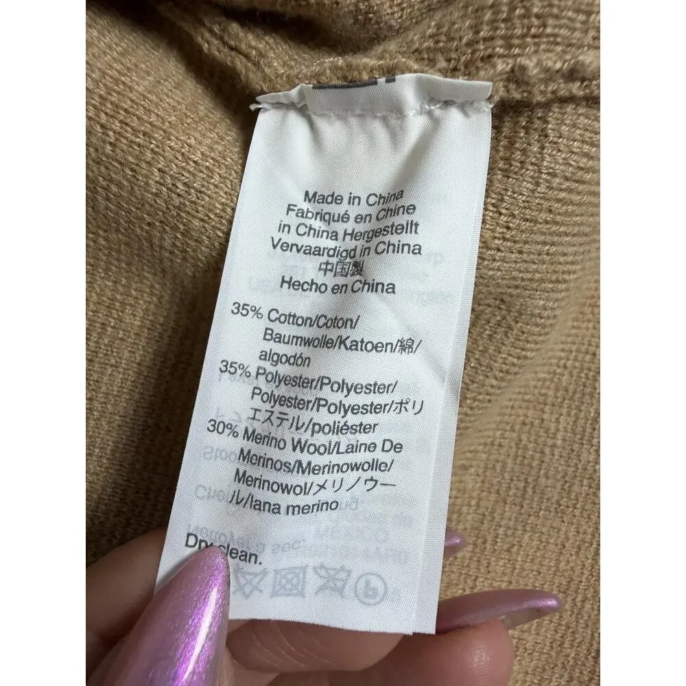J.CREW Sweater Full Zip Womens S Beige Mock Neck 3/4 Sleeve Pockets Cotton-Poly